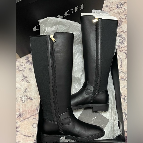 NWT COACH Farrah ll Leather Knee High Riding Boot Black Gold Buckle Size 6.5 - Picture 5 of 7